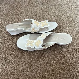 Etienne Aigner white two inch sandals, size 7.5M